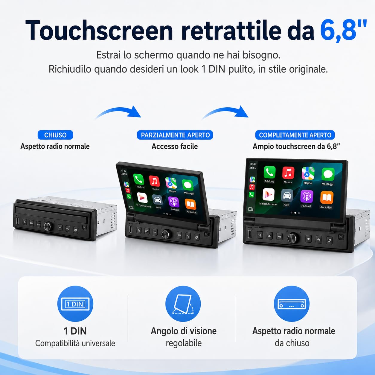 Autoradio 1 DIN con schermo touch retrattile da 6,8 pollici, sistema Linux, CarPlay Android Auto wireless, Bluetooth FM USB AUX, Mirror Link
