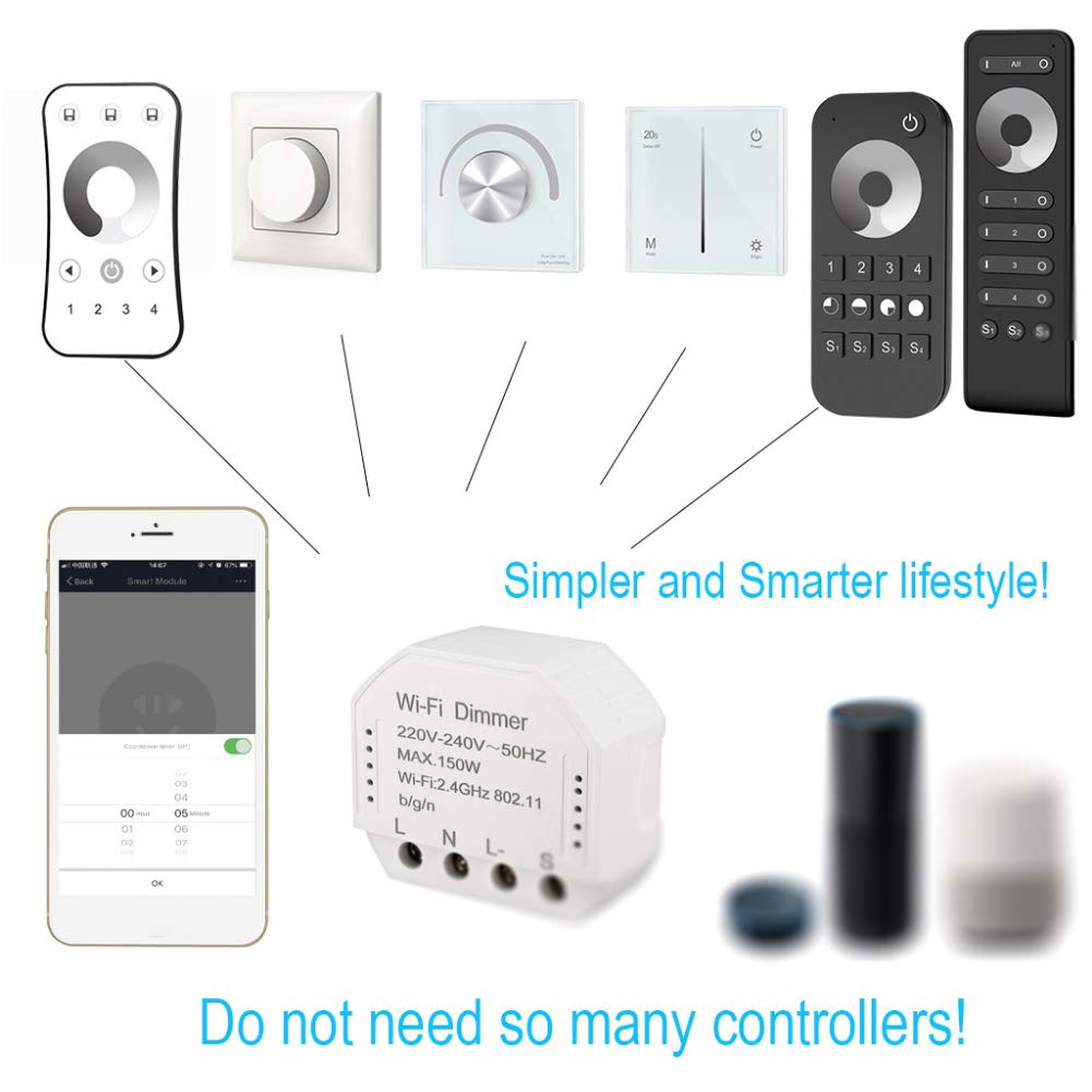 WiFi Dimmer 150W 220V-240V Home Voice Interruptor inalámbrico automático LED Luz Temporizador Electrónico DIY Controlador Smart Multifunción Módulo Control Remoto