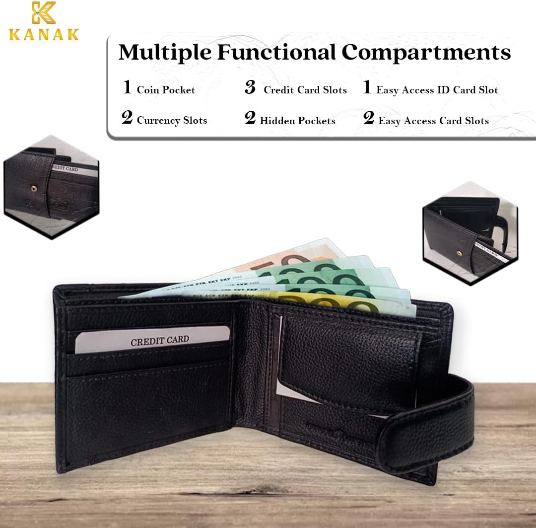 Easy Access Genuine Leather Wallet, Compact Bifold with Tab Closure, Black, 4.3 inches x 3.5 inches x 0.60 inches - Image 7