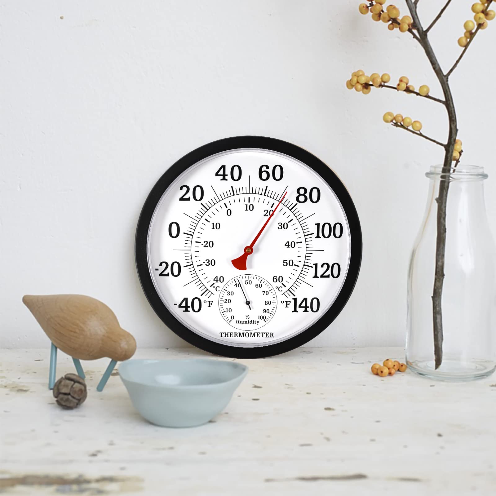 Thermomètre d'intérieur et d'extérieur de 26,7 cm à grands chiffres – Thermomètre hygromètre imperméable à l'eau, pas besoin de piles – Thermomètres d'extérieur pour terrasse, maison, décoration de