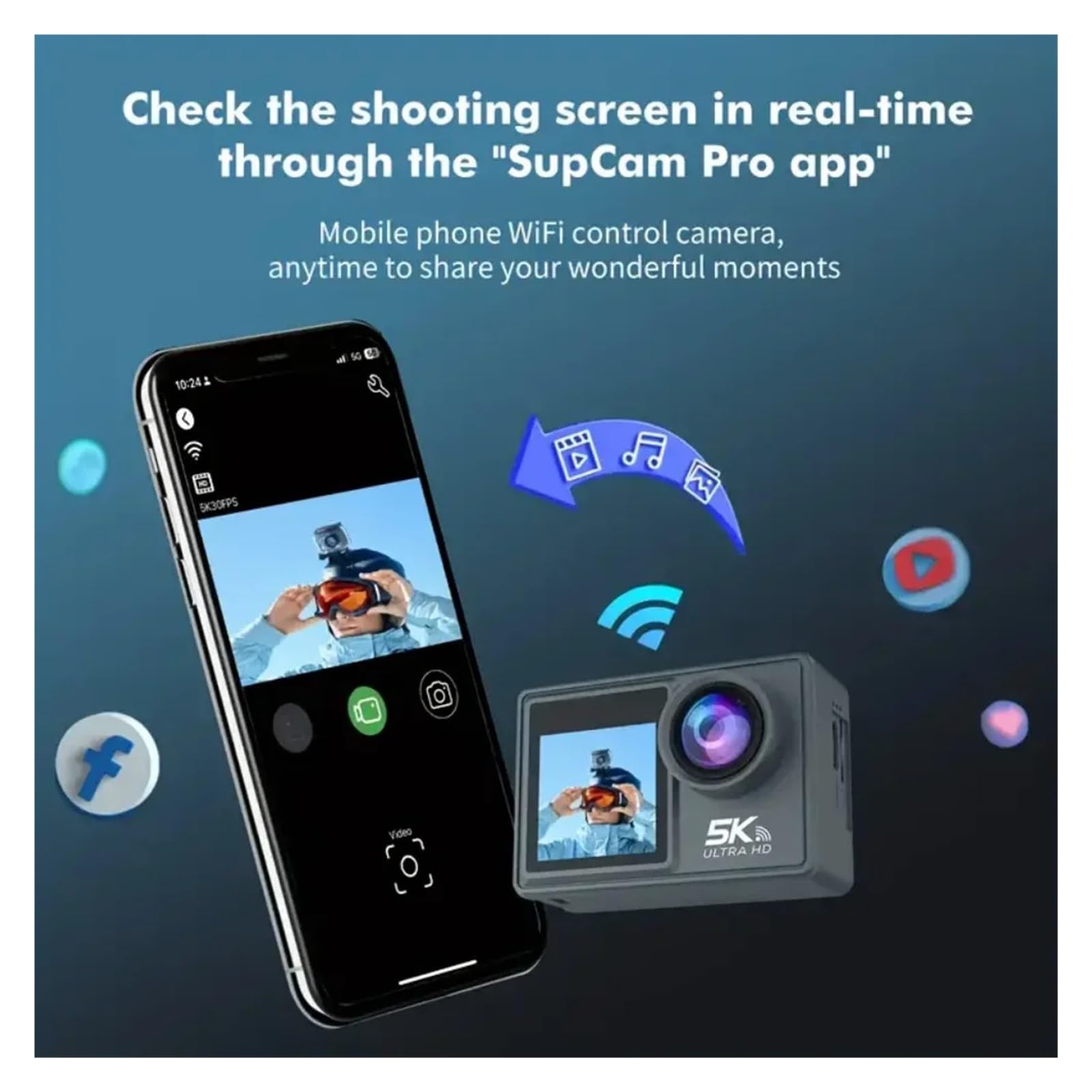 Action camera 5K Ultra HD con doppio schermo da 2.0 e 1.3 pollici, connessione WiFi for smartphone, for fotocamere casco