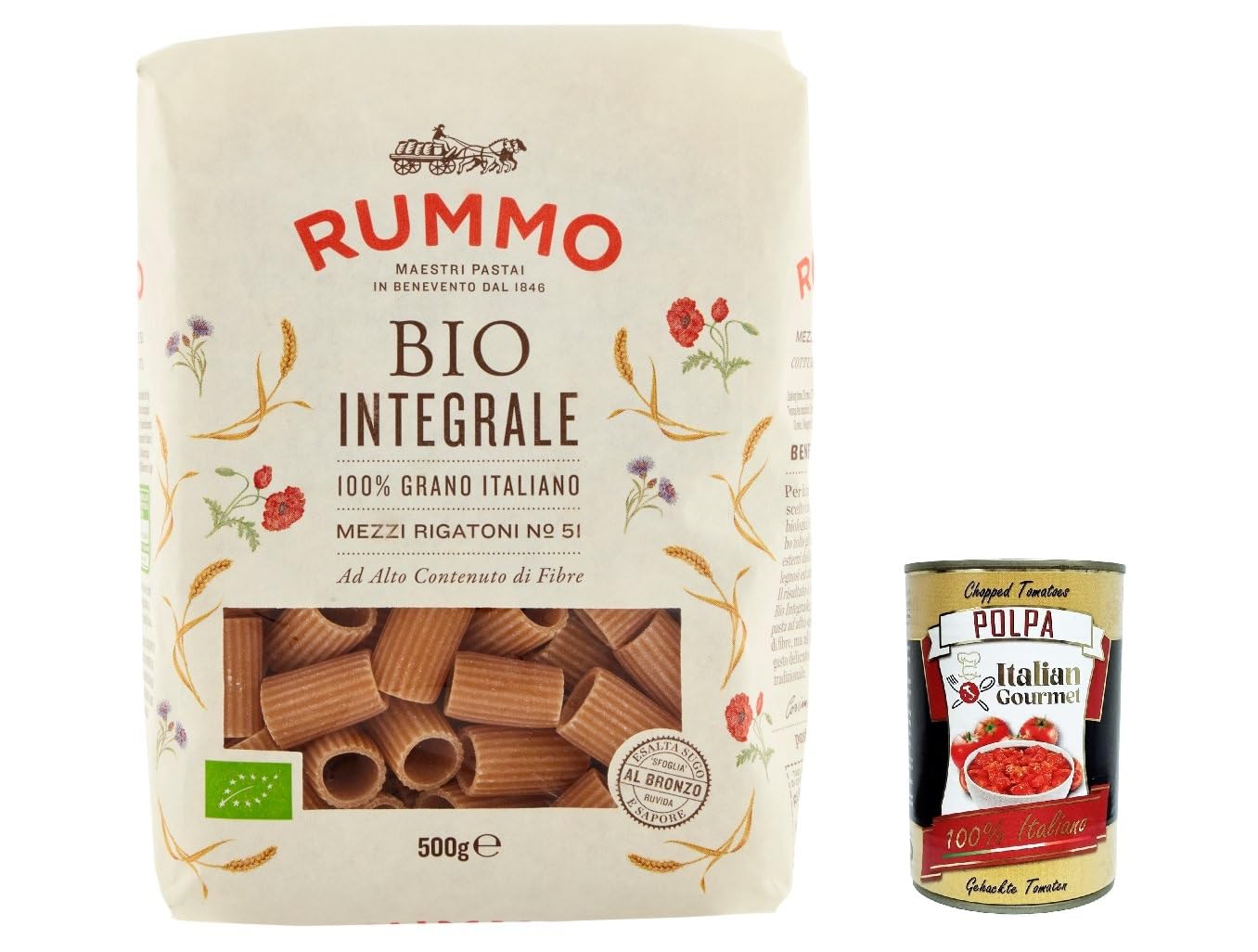 Rummo Pasta Integrale Mezzi Rigatoni N. 51 Vollkornnudeln 500g + Italian Gourmet Polpa 400g