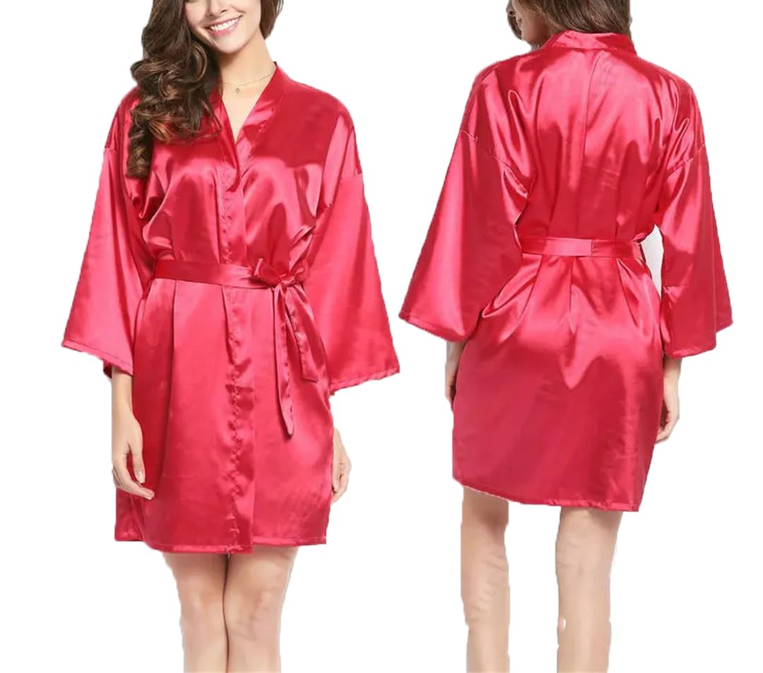 Yeuyyben Abito da damigella d'onore Faux Satin Robe Rosso Estate Breve Seta Robe Sposa Team Kimono Abito Da Sposa Notte Donne