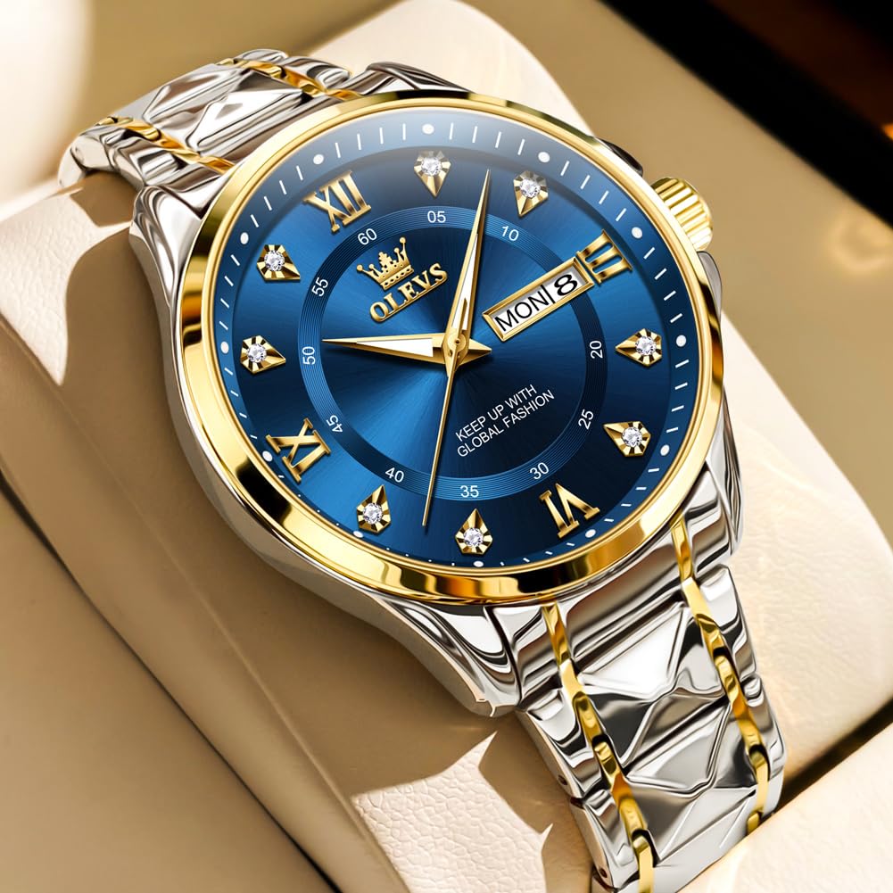 OLEVS Watch for Men Analog Quartz Two Tone Men Stainless Steel Waterproof Luminous Diamond Fashion Men's Wrist Watches Blue 4