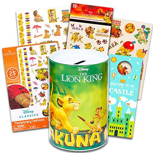 Disney Lion King Piggy Bank Room Decorations Set -- Bundle with Lion King Tin Savings Bank, Puzzle, Stickers, Tattoos, and Door Hanger | Lion King Room Decor and Merch