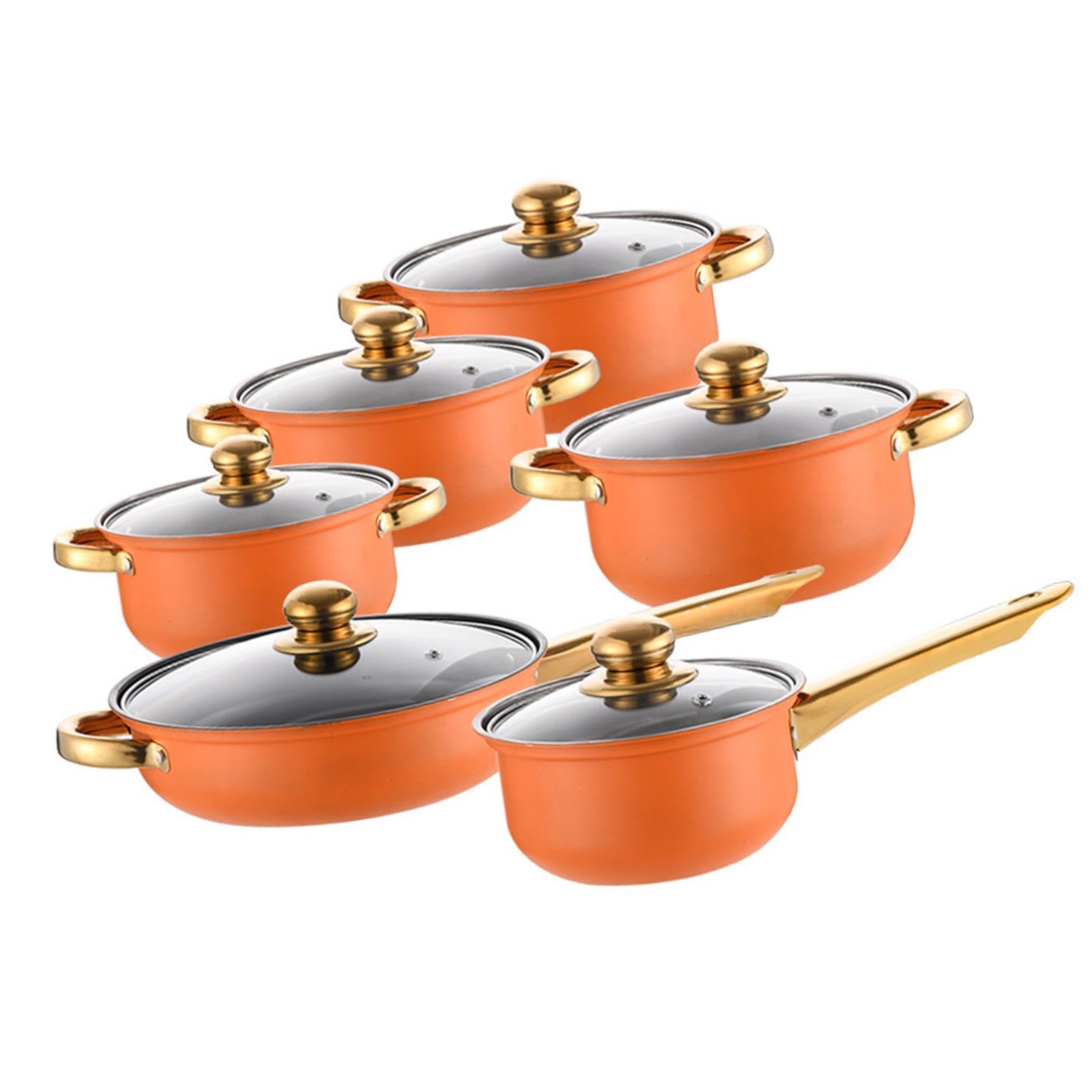 Sharplace 6× Pots and Pans Cookware, Stainless Steel Nonstick Cookware Set with Glass Lids Suitable for Induction Hob with Heat-Resistant Handle, Milk Saucepan and Frying Pan for Kitchen, Orange