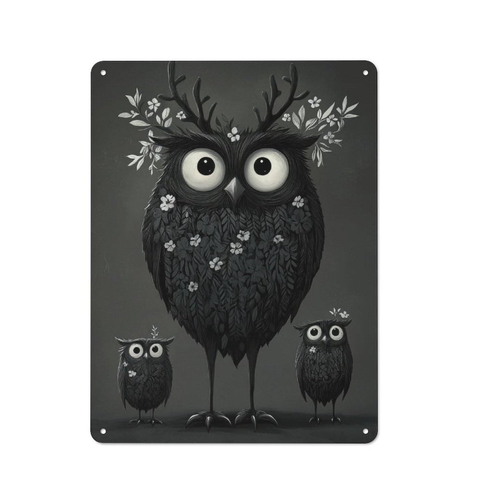 Black And White Owl Family Industrial Metal Sign 40x30cm, Modern Retro Loft Wall Plaque for Workspace, Cafe, Hallway Or Garage