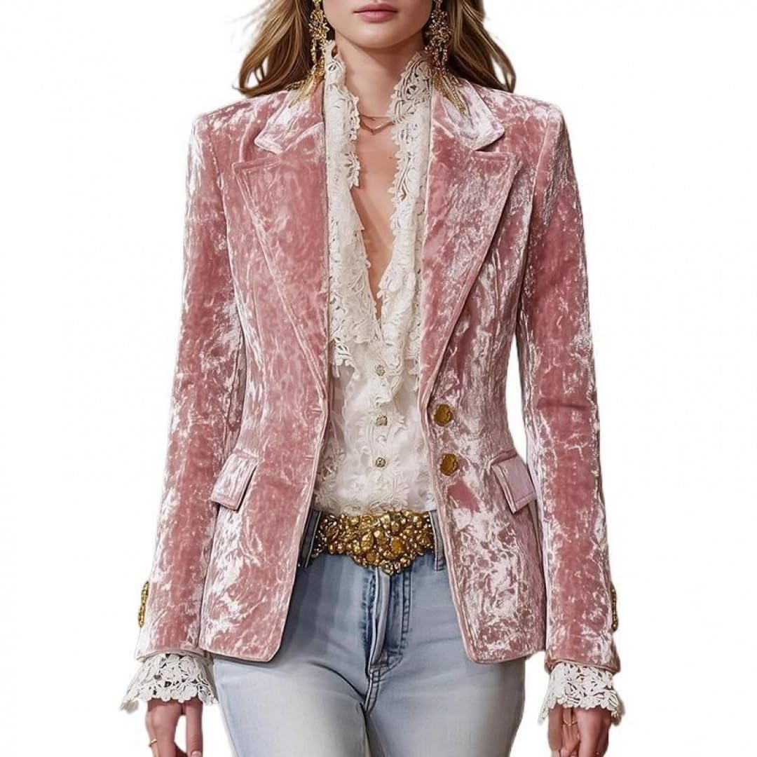 Women Velvet Simple Pocket Lapel Long Sleeve Suits Temperament Solid Slim Coat Pink