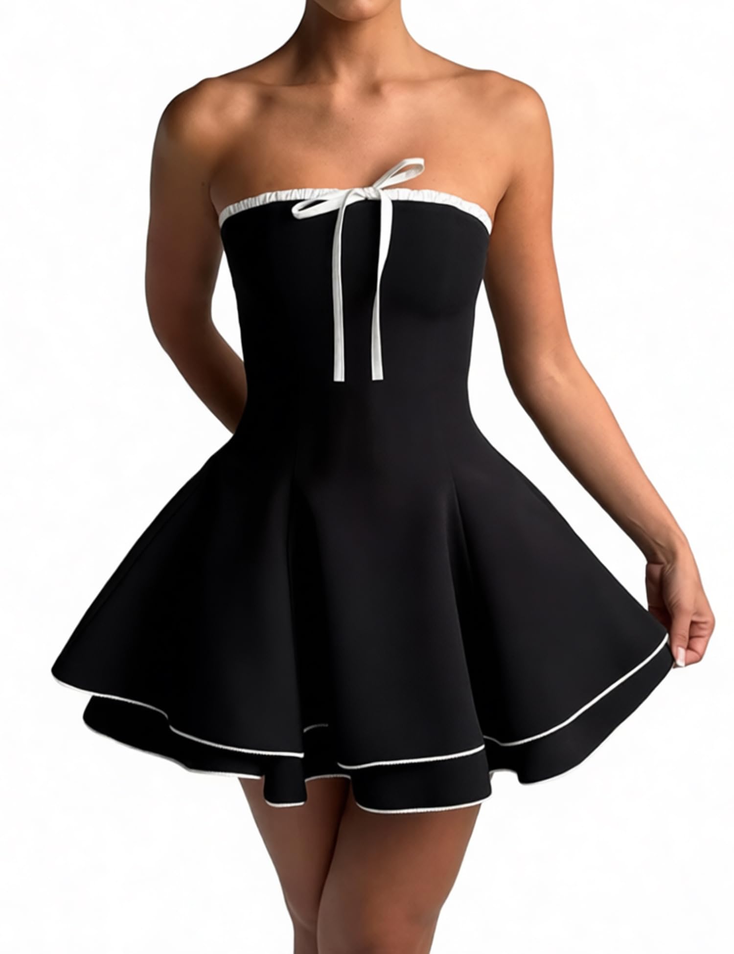 Vestido corto de verano para mujer, sin tirantes, hombros descubiertos, acampanado, plisado, escalonado y pajarita, vestido de graduación
