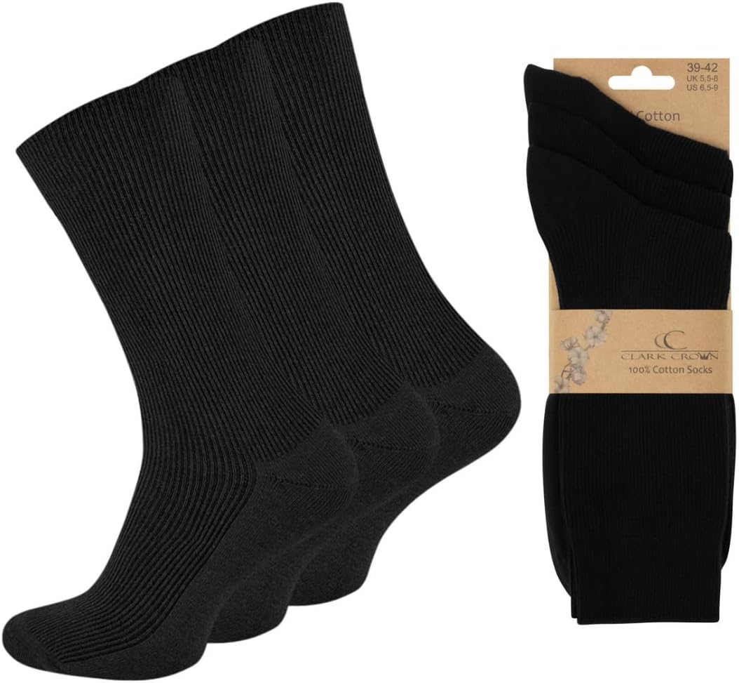 Wonky Line100% Cotton Socks, Natural Pure Cotton Socks for men and women, 3 pairs pack, soft top, seamless toe, hypoallergenic, undyed, ribbed socks, black and beige colours