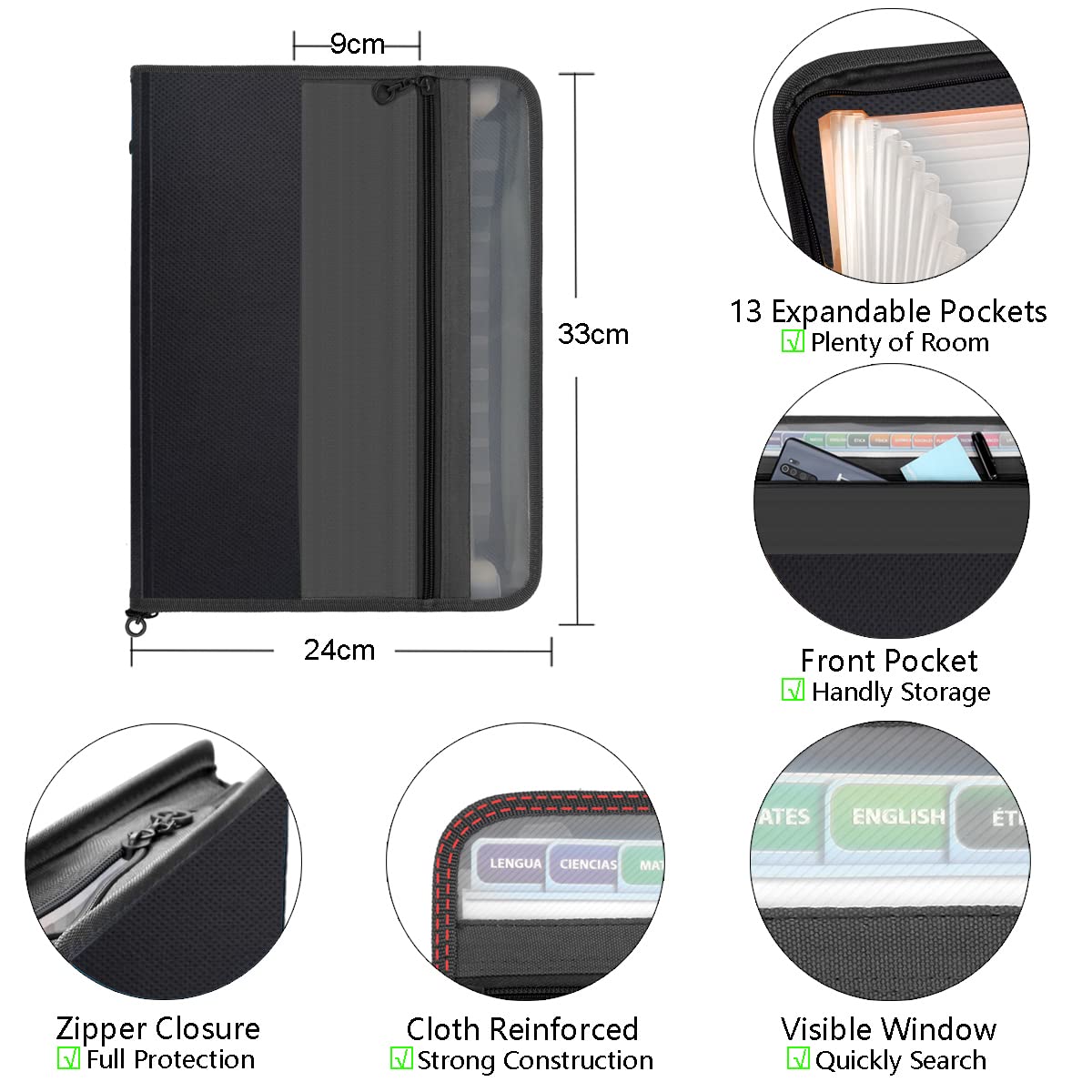 Pak van 2 TRANBO 13 zakken uitbreidende bestandsmap met ritssluiting, A4 plastic documentenportemonnee papierwerk organizer met handige voorvak voor persoonlijke kantooropslag (blauw