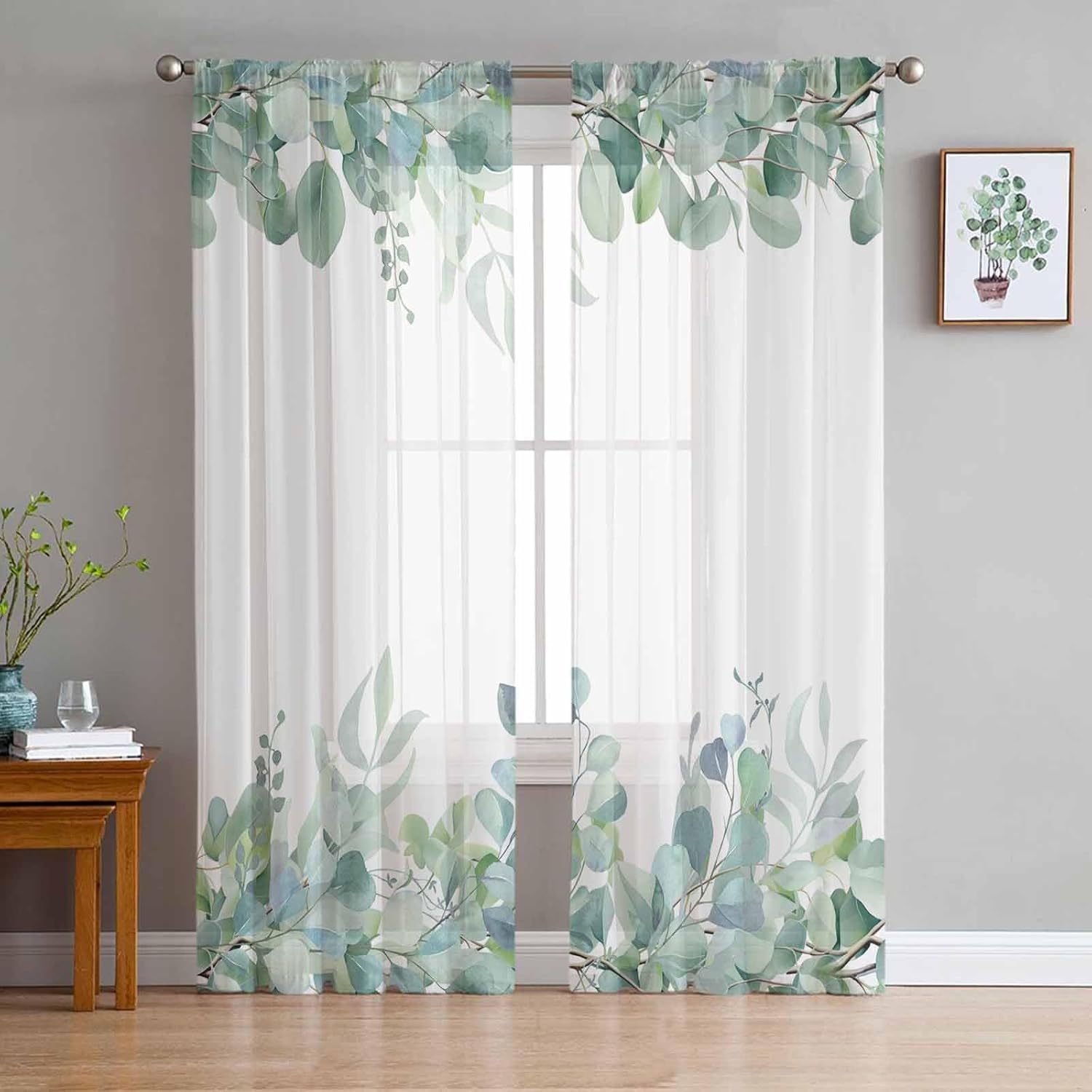Eucalyptus Leaves Sheer Curtains 84 Inches Long, Sage Green Plants Window Curtains Farmhouse Vintage Light Filtering Rod Pocket Curtain Voile Drapes for Bedroom Kitchen Living Room Each 52" W x 84" L