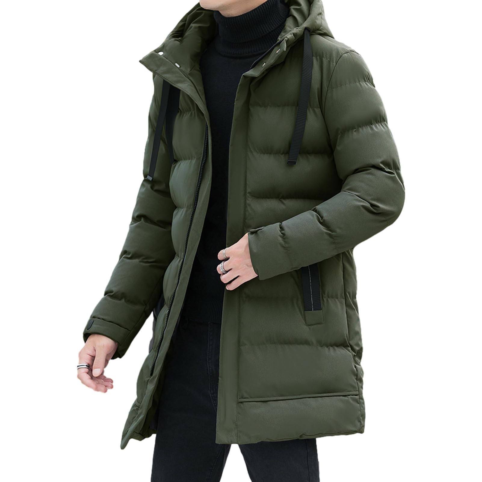 Hombre Chaqueta Térmica de Invierno con Capucha Longitud Media Acolchado Relleno Abrigos de Plumón