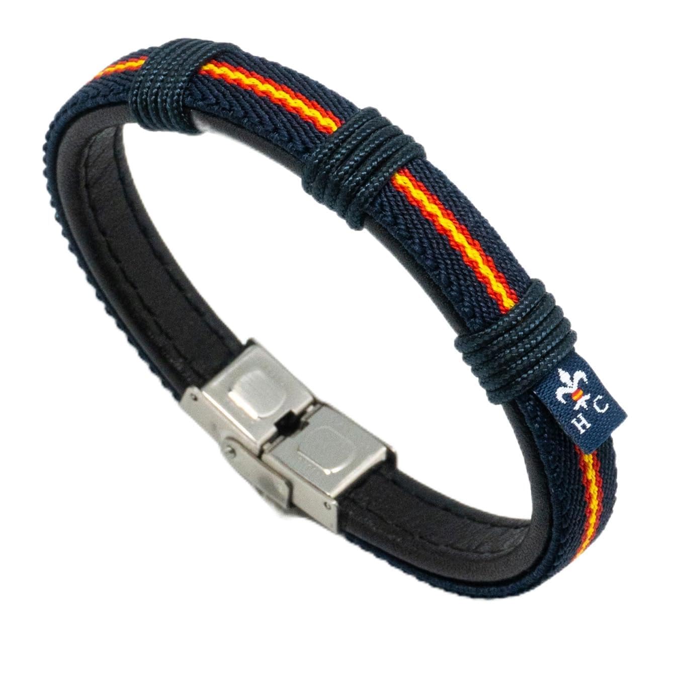Hispania Colors – Pulsera con Bandera de España Wake Up Azul Marino – Elástico, Piel y Cordón Náutico – Cierre de Acero Inoxidable – Hecha a Mano en España
