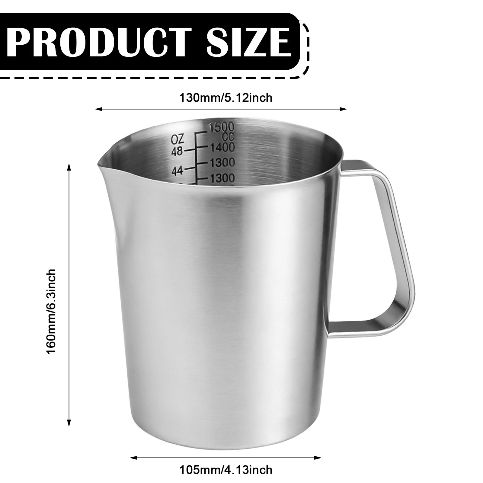 Kubek z miarką 1500 ml ze stali nierdzewnej, dzbanek na mleko z oznaczeniem i uchwytem, 304 stal nierdzewna, kubek do spieniania mleka, duża pojemność, uniwersalny kubek z miarką do kuchni, pieczenia
