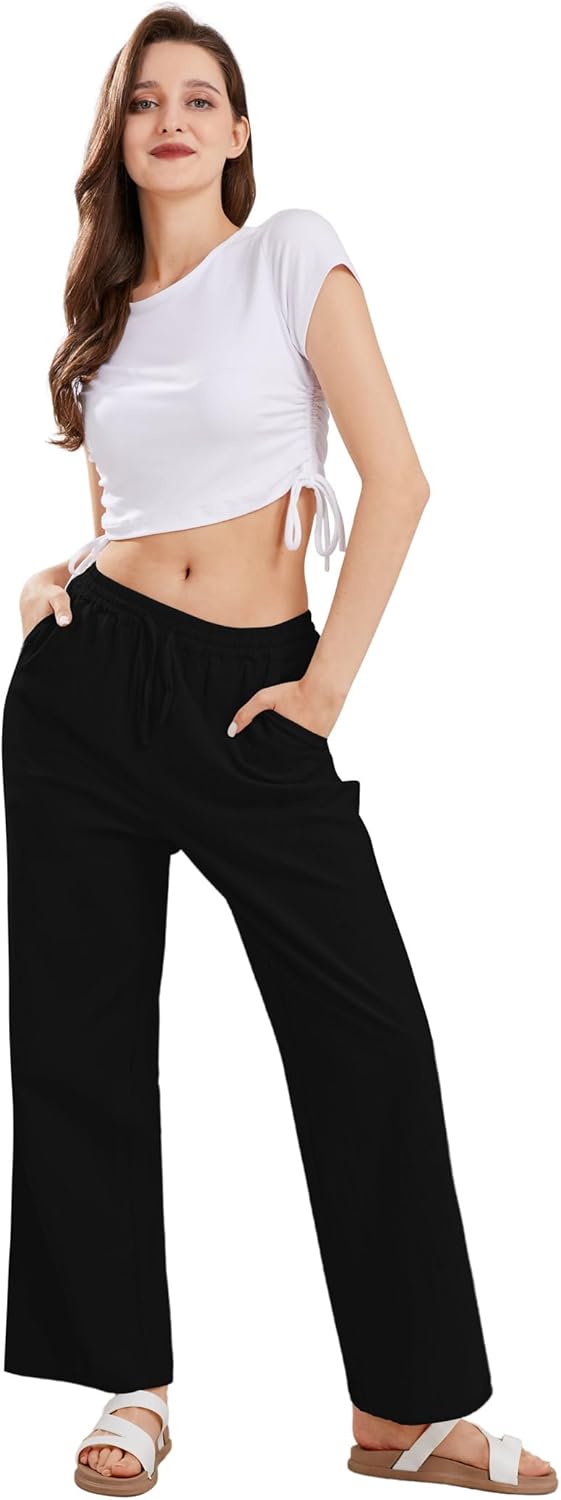 CHARTOU Women's Summer Drawstring Waist Wide Leg Loose Cotton Linen Palazzo Pants - Image 4