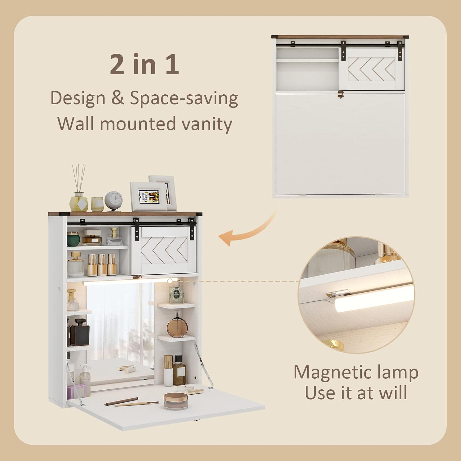 ARTETHYS Floating Vanity Desk with Mirror and Lights Small Wall Mounted Makeup Set with Storage White Farmhouse Dressing Table for Tiny Space