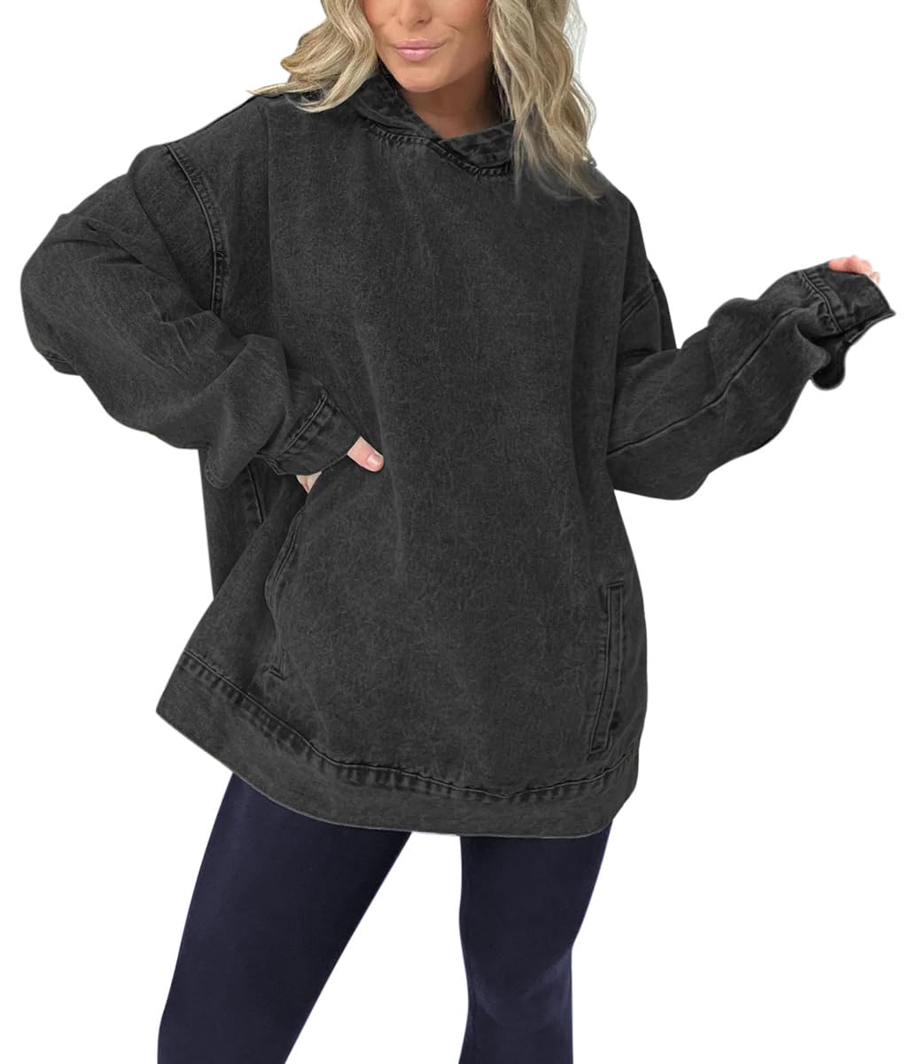 Onsoyours Felpa con Cappuccio di Jeans da Donna Elegante Felpa Oversize Maniche Lunghe Maglione Inverno Sport Maglie Primaverili Donna con Tasche