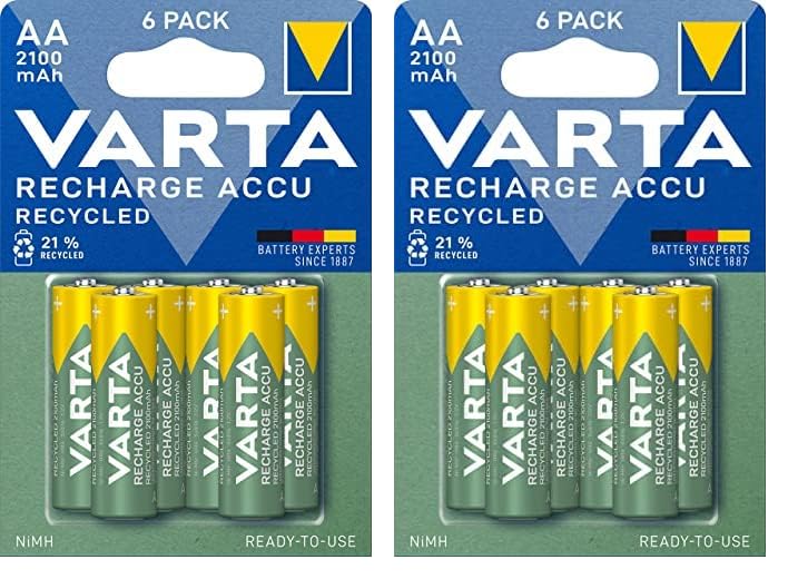 VARTA Piles AA, Rechargeables, Lot de 12, Recharge Accu Recycled, 2100 mAh Ni-Mh, fabriquées avec 21% de matériaux recyclés, préchargées, prêtes à...