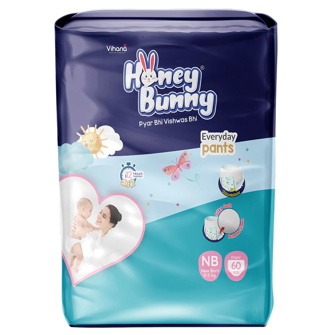 Honey Bunny Everyday Baby Diapers Pants | Extra Extra Small (XXS), 60 Count, New Born | Silky Soft on Skin | 12 Hours Protection Baby Diaper