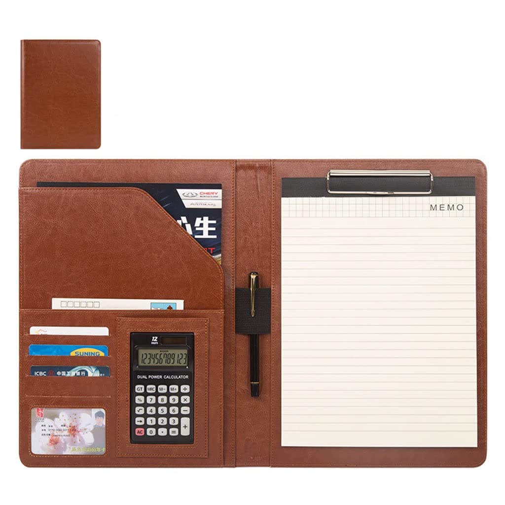 Teczka konferencyjna Organizer na dokumenty， Teczka A4 z schowkiem i miejscem do przechowywania, skórzana teczka na CV, teczka konferencyjna A4(Bruin,12digit calculator)