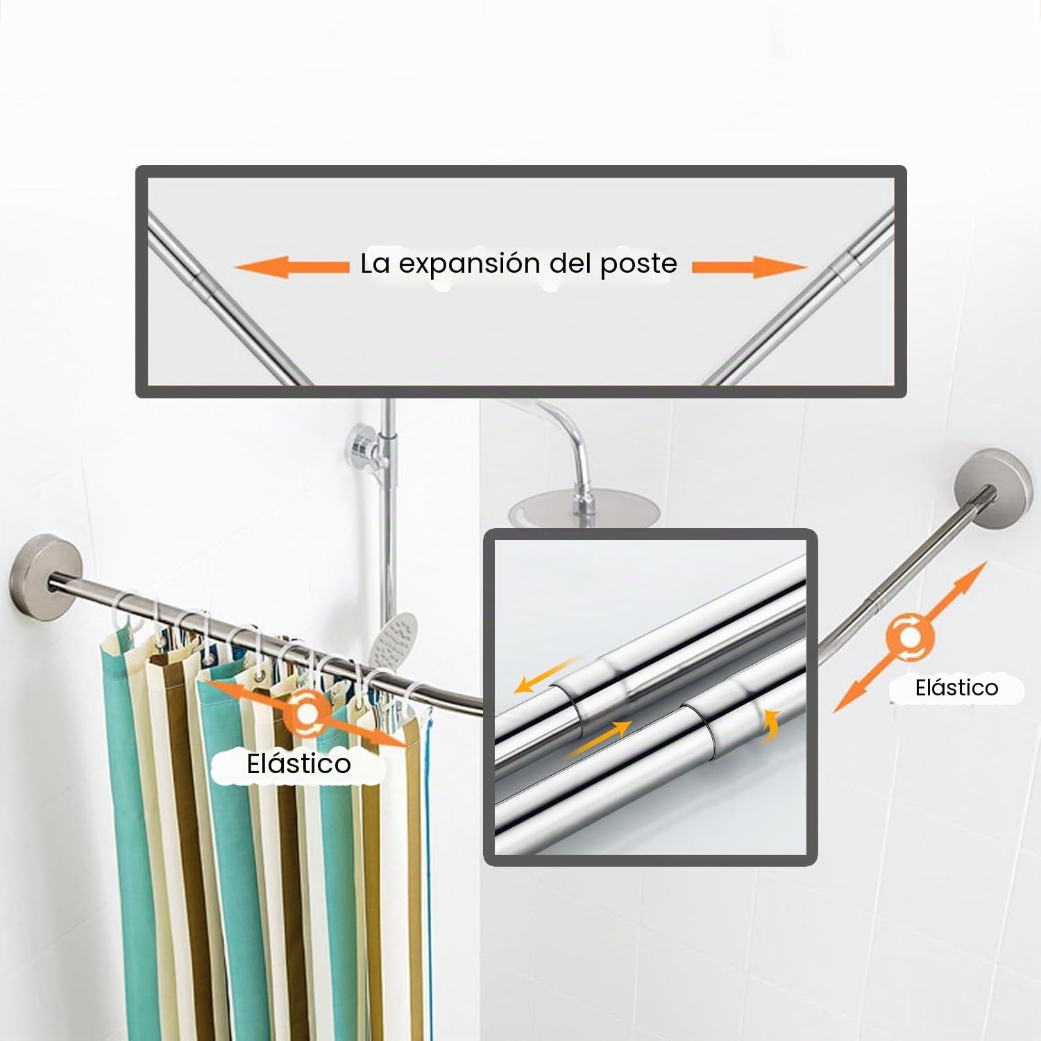 Barra Cortina Ducha, Barras Cortinas en L Extensible 70-95cm, Barra Cortina Sin Agujero Acero Inoxidable 304 con Soporte Sin Taladro para Esquinas Capacidad 30kg
