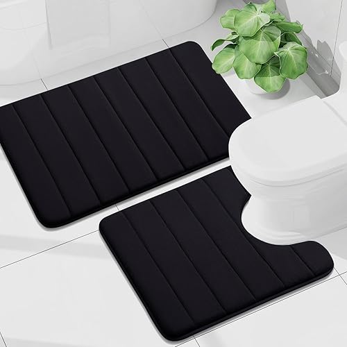 Miniatura 18 de Buganda Juego de 2 tapetes de baño de espuma viscoelástica y tapete para inodoro en forma de U, lavable a máquina, suave, antideslizante, Negro