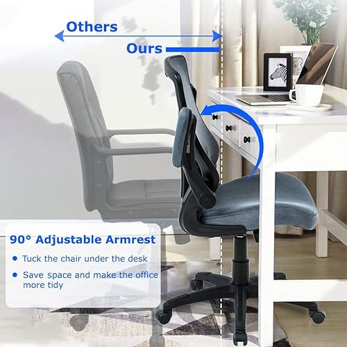 Miniatura 6 de Silla de oficina de malla, silla de computadora de respaldo medio con soporte lumbar y brazos abatibles, ergonómica, elegante, ajustable, giratoria,