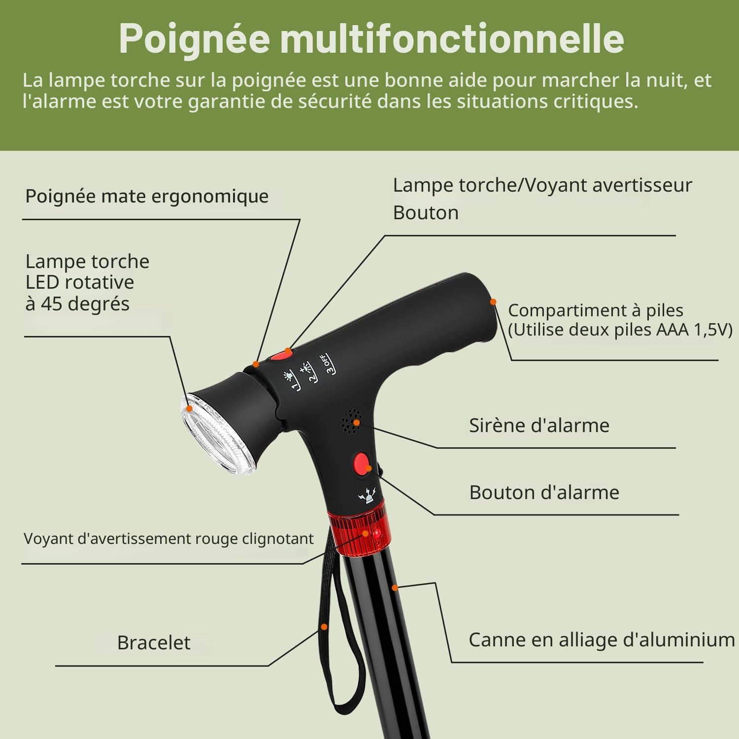 Canne d'une capacité de 113 kg, réglable en Hauteur, avec Lampe de Poche LED, Voyant Lumineux et Alarme, adaptée aux Personnes âgées et aux Adultes.