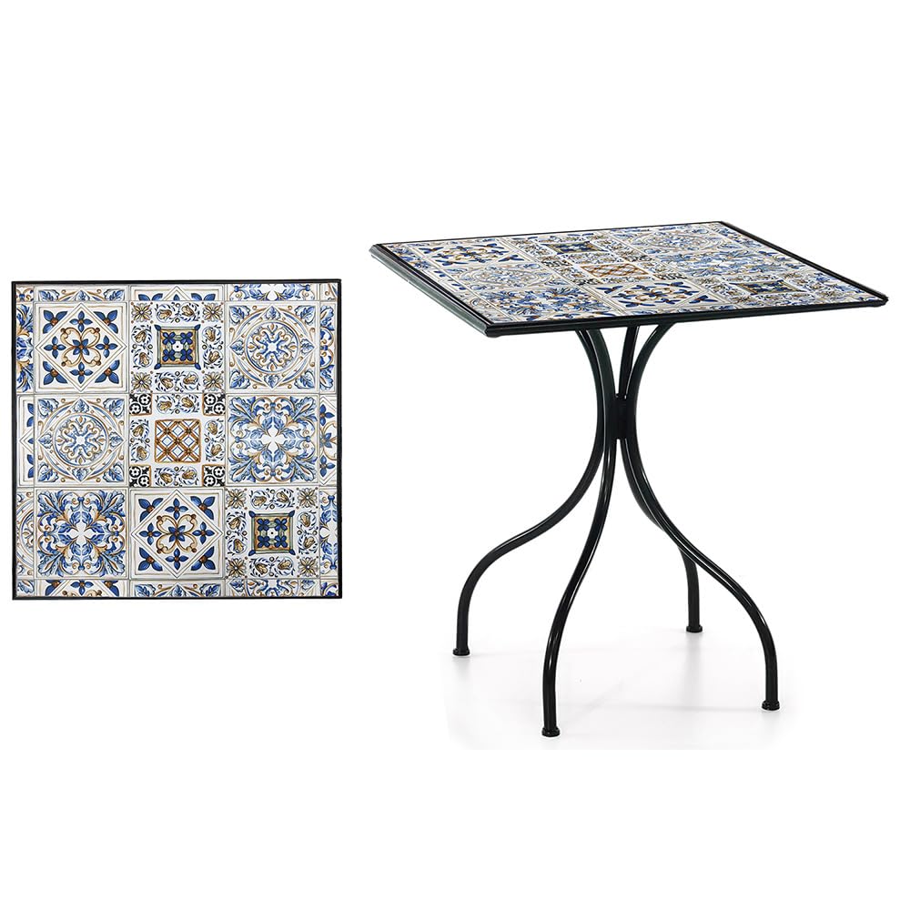 Tavolo quadrato in ferro battuto e ceramica decorazione mosaico 60x60x75 elegante per esterno o interno stabile per terrazza balcone