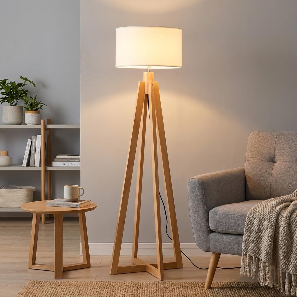 Alpinaluz Lámpara de Pie de Madera Natural con Pantalla Textil Blanca Ø43 cm, Casquillo E27, 149 cm, Estilo Nórdico y Escandinavo para Salón, Dormitorio, Comedor u Oficina