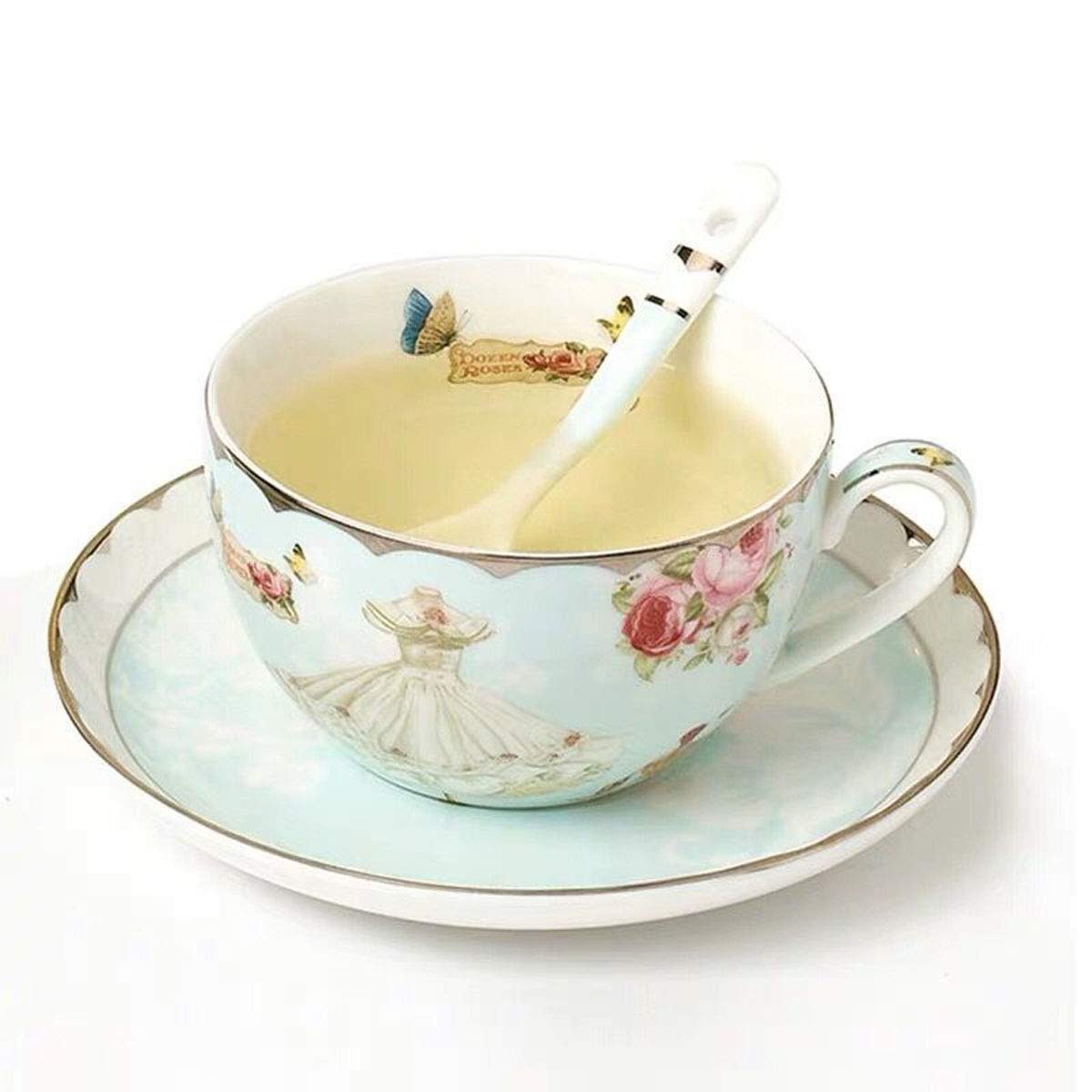 Euro Style Cup& Saucer Set Bone China Ceramic Tea Coffee Cup for Home Kitchen Wedding- Rose and Dress (Style III)