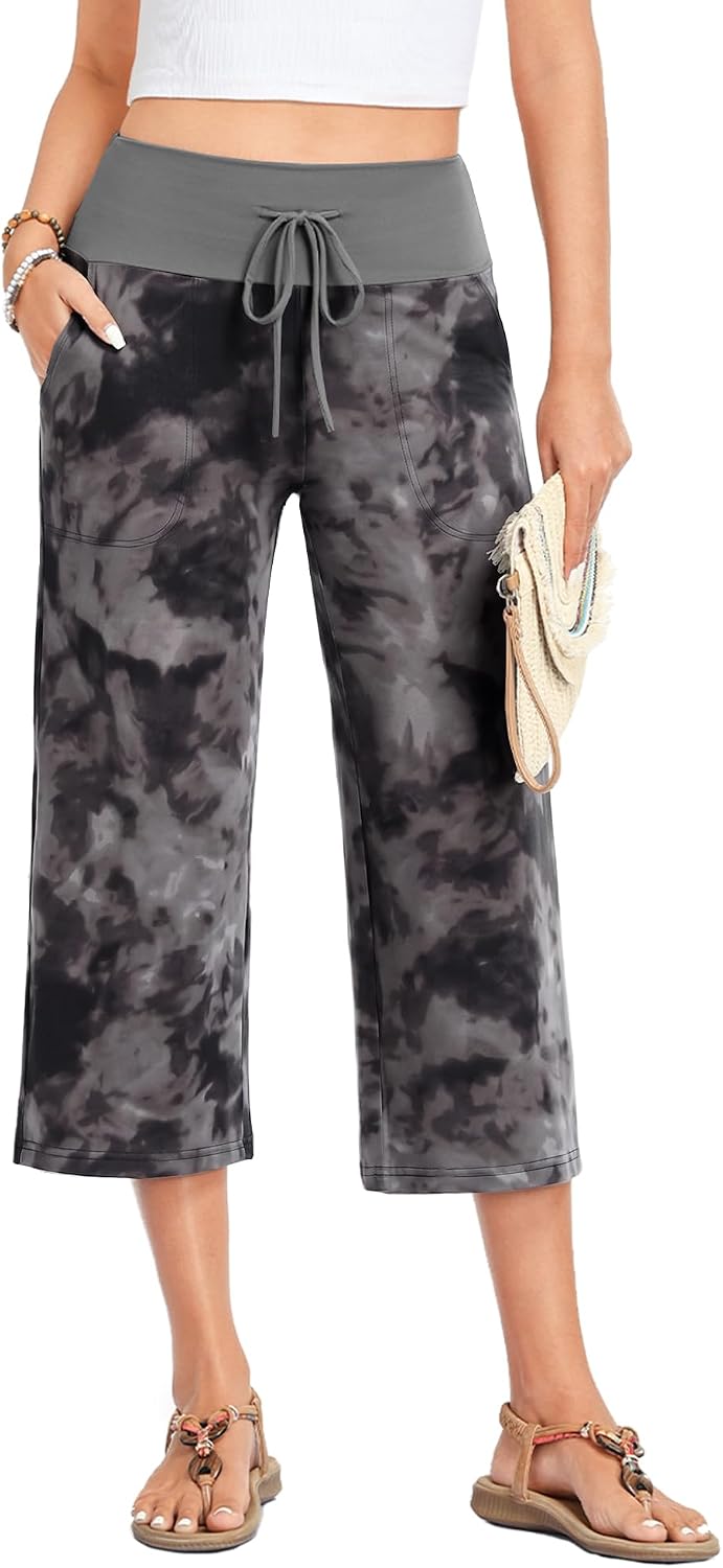 ZOOSIXX Capri Pants for Women - Wide Leg Loose Casual Trousers with Pockets Summer High Waisted Drawstring Pants thumbnail