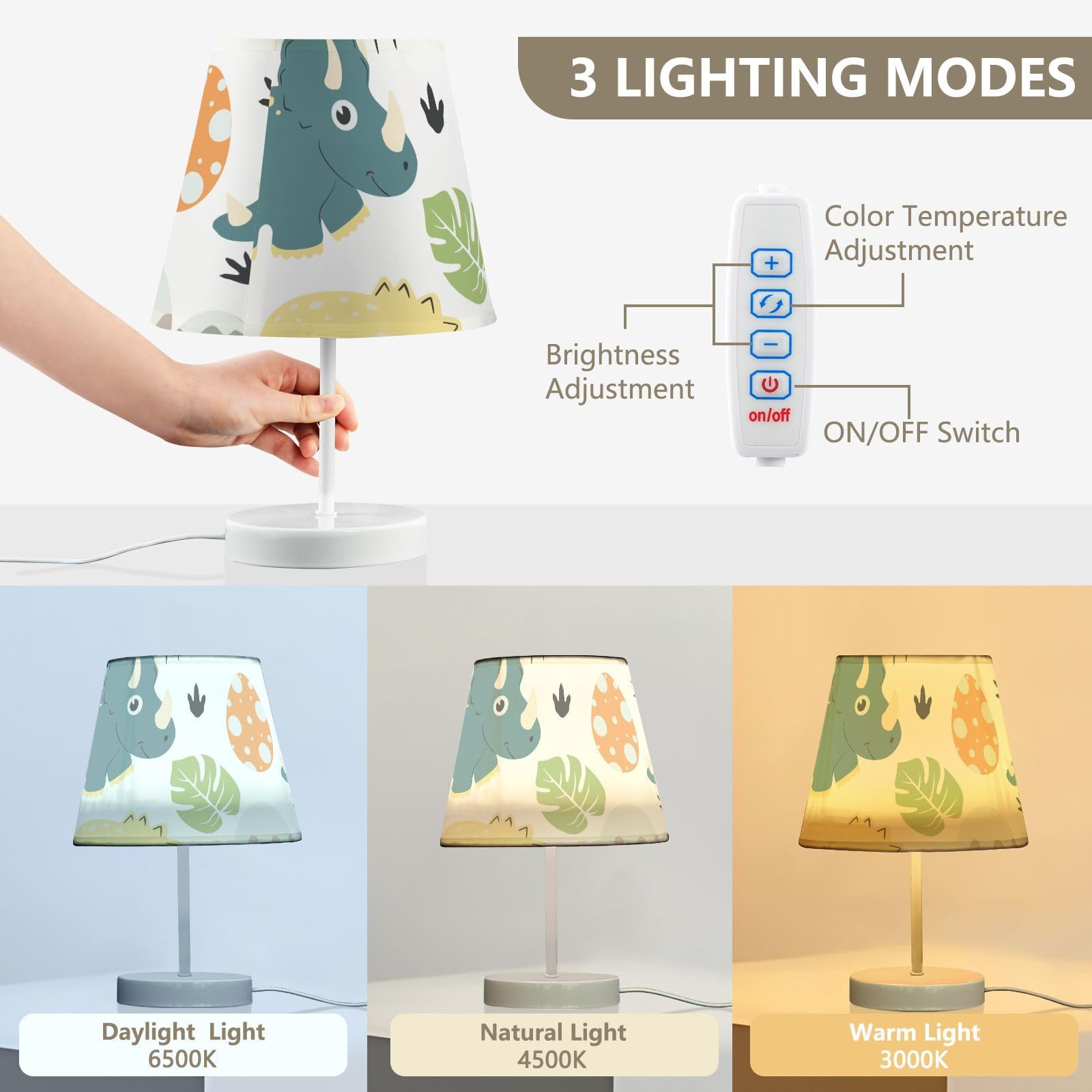 Mnsruu Lámpara de noche infantil dinosaurio dinosaurio lámpara de mesa bombillas LED lámpara de escritorio pantalla de tela para dormitorio sala de estar, mediano