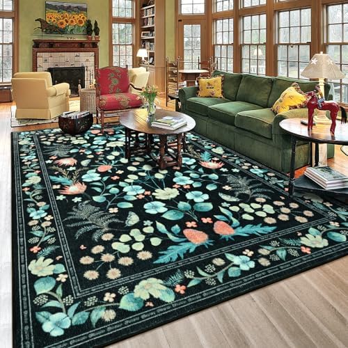 Area Rugs for Living Room, Washable 5x7 Vintage Rug for Bedroom, Non-Slip Floral Carpet for Home Office Nursery Dining Room Kitchen, Black