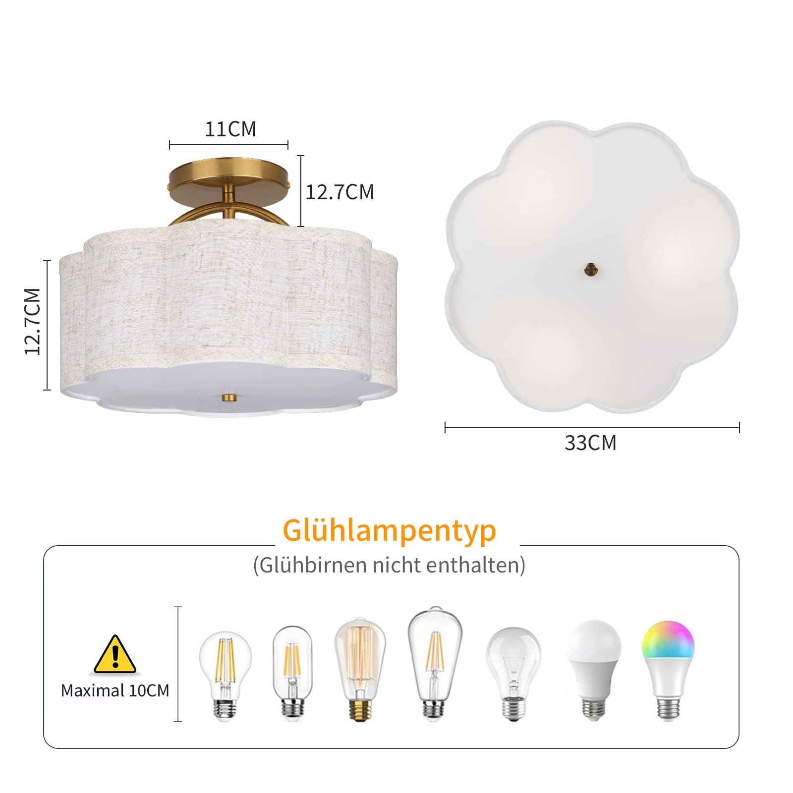CALOKES Deckenleuchte, 3-flammig, Ø 30 cm – Elegante Blütenform mit beigem Leinenschirm & goldenem Arm. Ideal für Schlafzimmer, Küche, Wohnzimmer, Flur oder Eingangsbereich