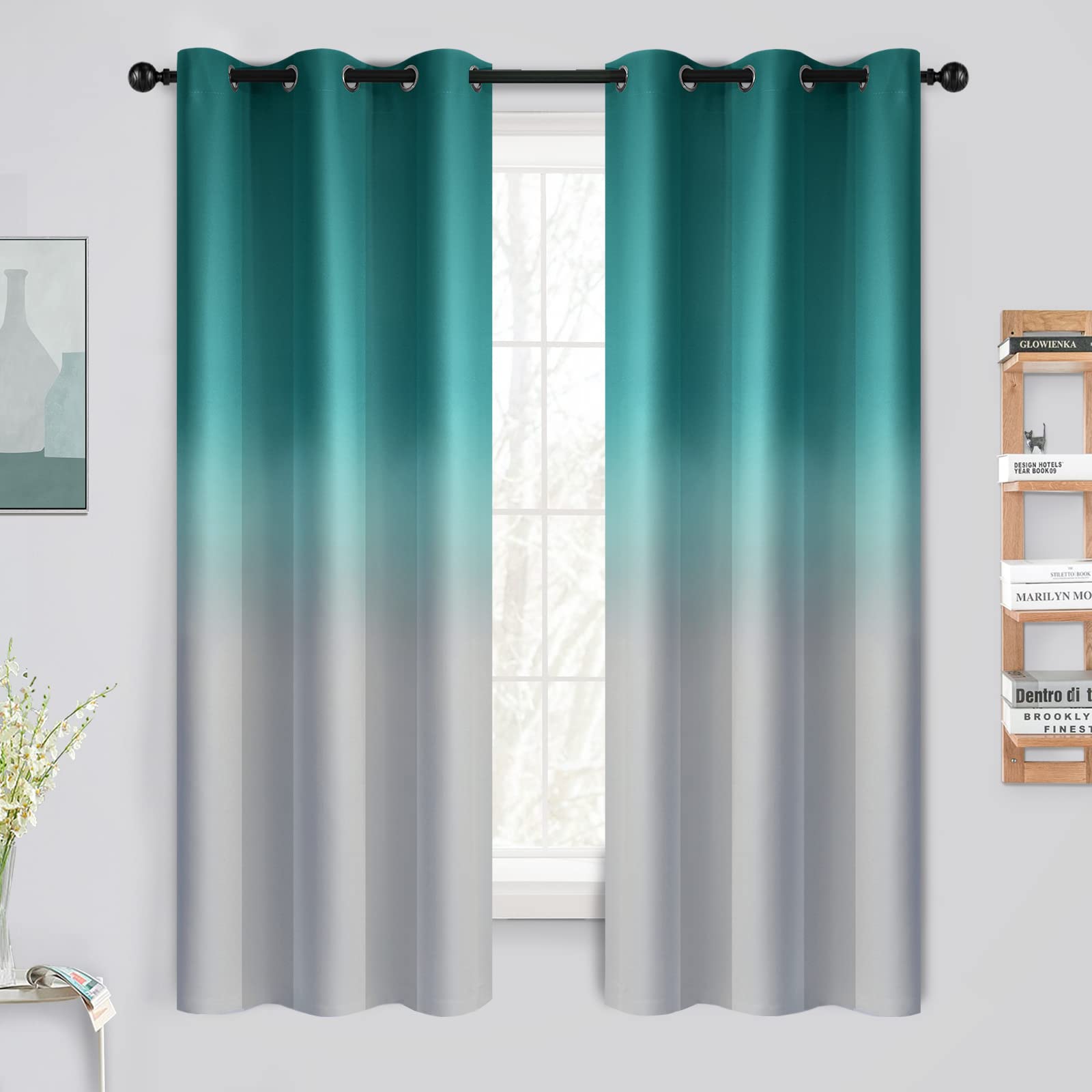 Yakamok Light Blocking Gradient Color Curtains Teal Ombre Blackout Curtains Room Darkening Thermal Insulated Grommet Window Drapes Living Room/Bedroom (Teal，2 Panels，42x63 Inch)，Greyish White/Teal