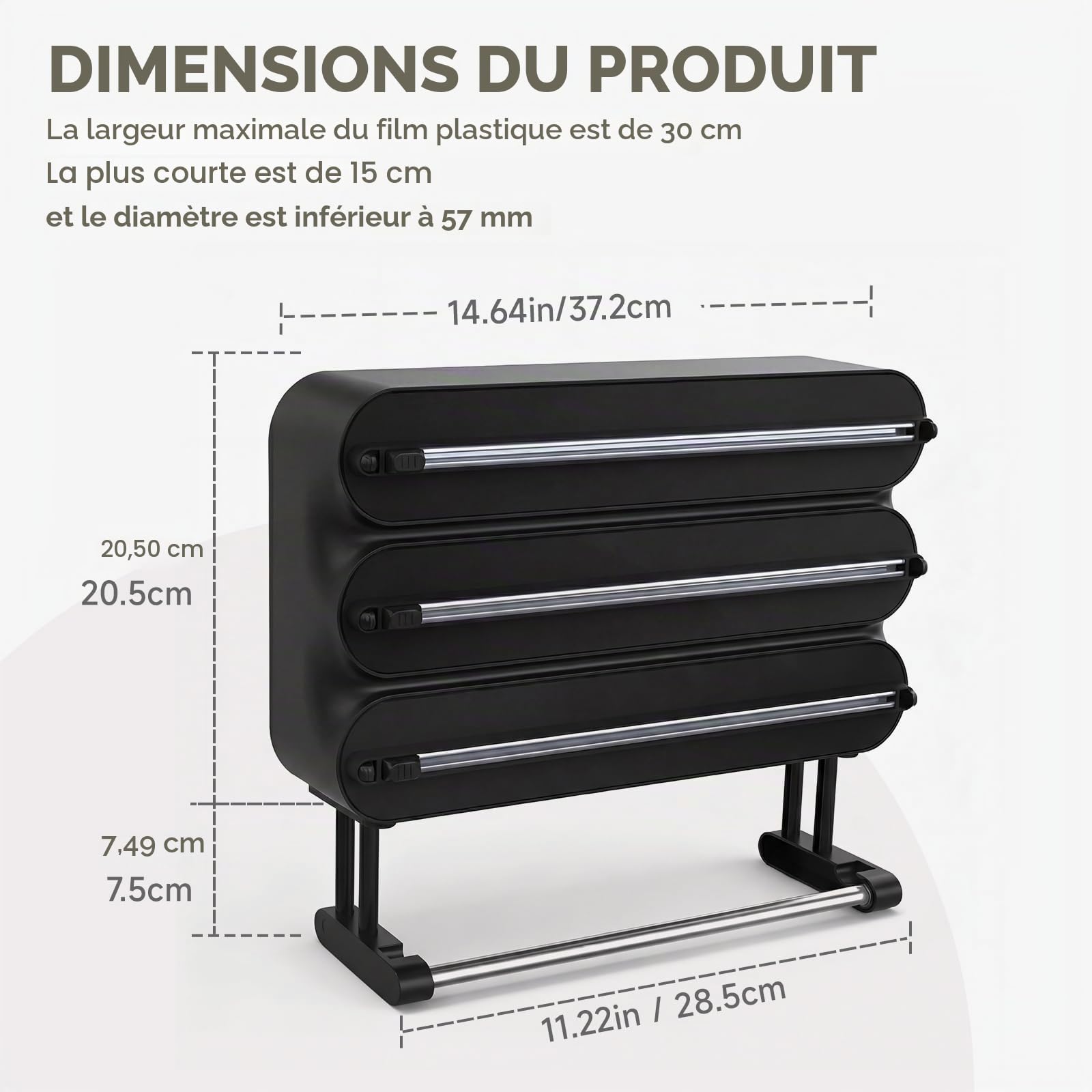 4 en 1 Derouleur Film Alimentaire，Distributeur Film Alimentaire，Distributeur Papier Aluminium et Film-Magnétique et Murale sans Percer (Noir Pur)