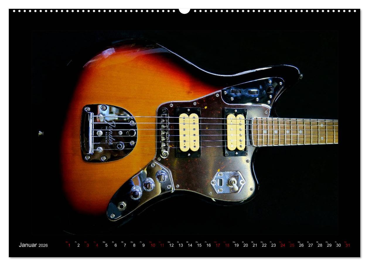 Rockgitarren im Blitzlicht (hochwertiger Premium Wandkalender 2026 DIN A2 quer), Kunstdruck in Hochglanz: Gitarrenschönheiten auf schwarzem Hintergrund eindrucksvoll in Szene gesetzt (CALVENDO Kunst)