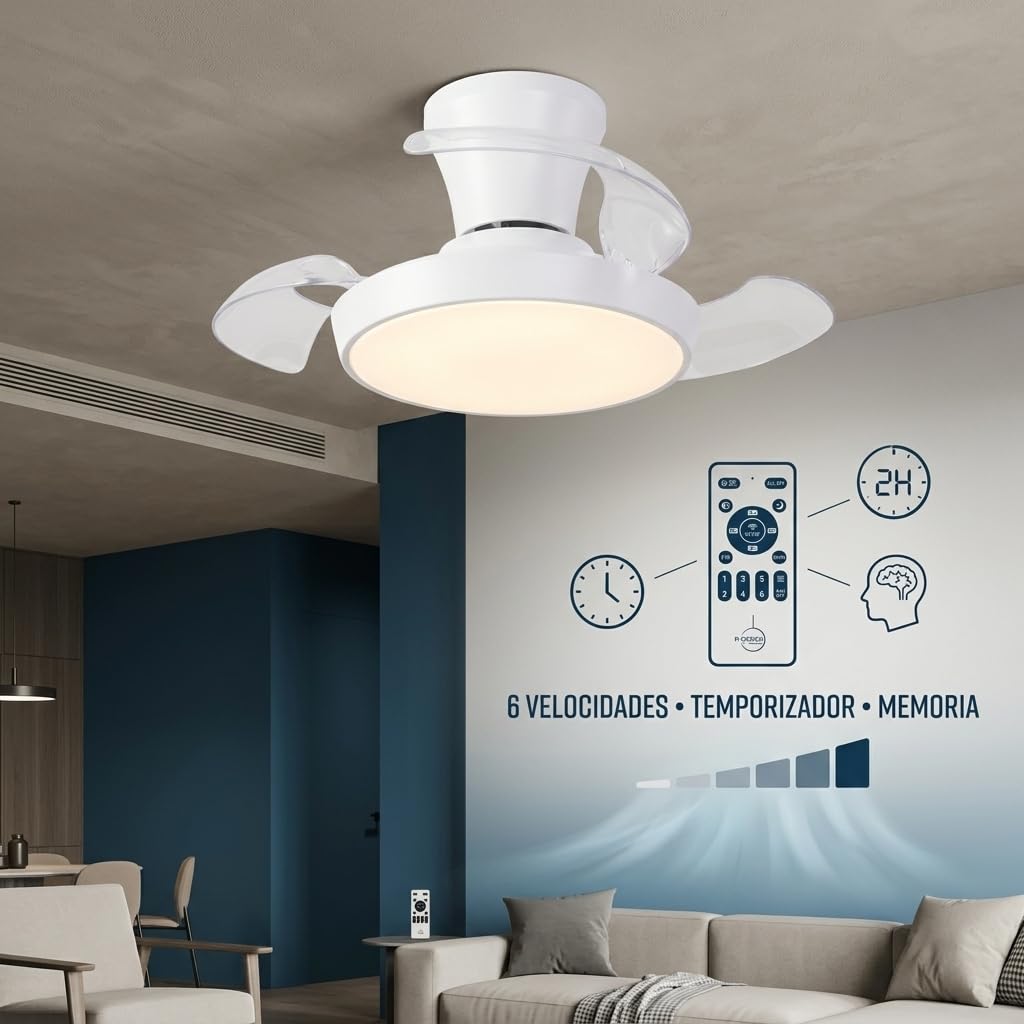 Ventilador de Techo Rectátil con Luz LED Regulable 3 CCT, 6 Velocidades, Mando a Distancia, Función Invierno/Verano, Temporizador y Memoria, Diseño Moderno, Ø96,5 cm (Blanco hielo)