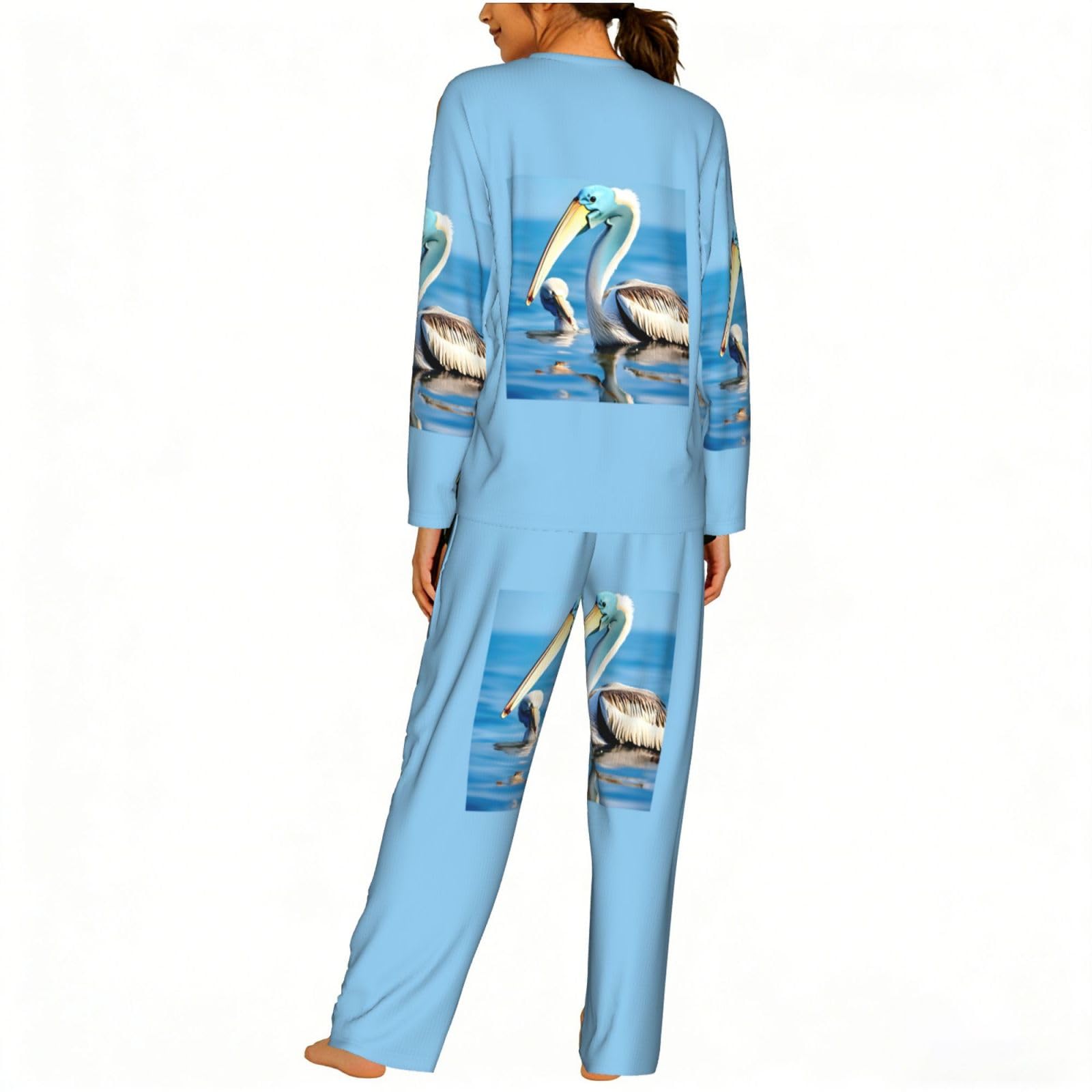 Pellicano uccello blu mare cielo stampa donna manica lunga pigiama abbinato morbido spiaggia vacanza biancheria da notte regalo casual