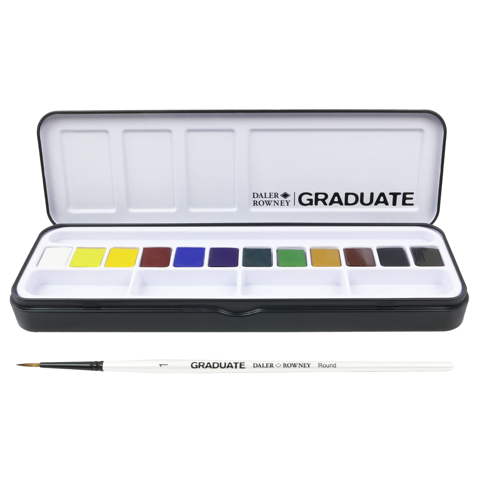 Daler-Rowney Graduate Acuarelas Profesionales, Set de Acuarelas 12 Colores con Pincel, Kit Acuarela Portátil en Caja Metálica, Estuche para Estudiantes, Artistas y Manualidades