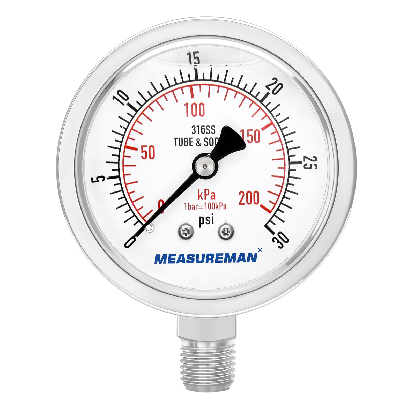 MEASUREMAN Fully Stainless Steel Hydraulic Glycerin Filled Pressure Gauge, 2-1/2" Dial Size,0-30psi/kpa,1/4" NPT Lower Mount