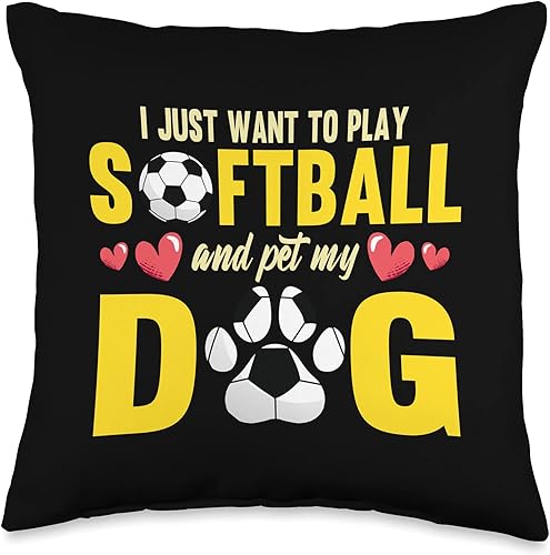 Funny I Just Want to Play Softball and Pet My Dog Lover - Almohada de 16 x 16 pulgadas, multicolor