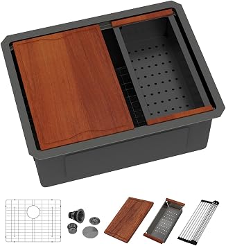 Dcolora 23 Inch Black Kitchen Sink Undermount Wet Bar Sink Workstation Single Bowl Stainless Steel Nano PVD Coating Small Kitchen Sinks, #DC-UW256723