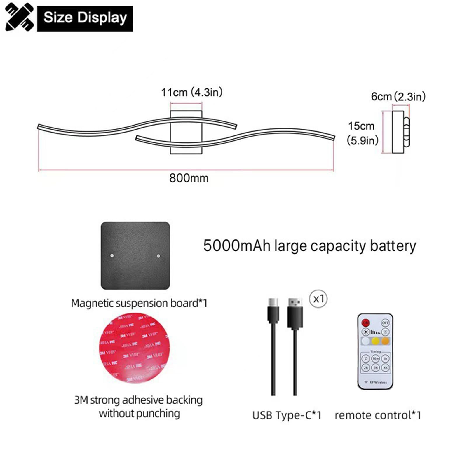 Lampa ścienna USB z pilotem zdalnego sterowania, ściemniana, bezprzewodowa, magnetyczna, z funkcją timera, konstrukcja fali do sypialni (czarna, 2 opakowania)