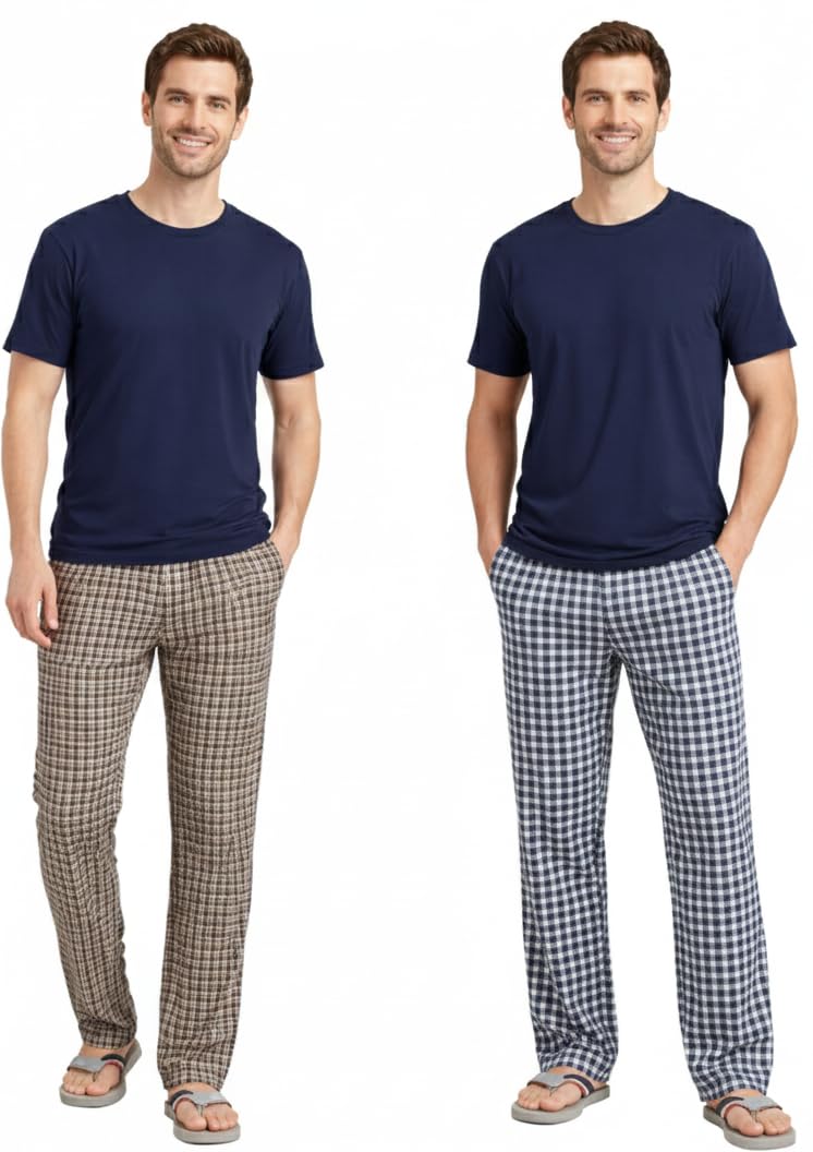 digital shopee Men's Premium Cotton Checkered Pajama Pants, Pack of 2, Multicolor Plaid Lounge Pants with Elastic Waistband-picture-45