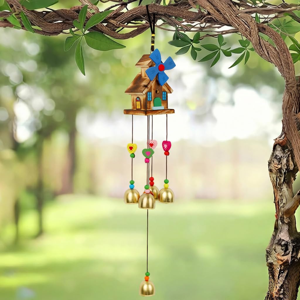ORTIZA® Wooden House Wind Chime, Hanging Windmill Cottage Chime with Colorful Fish Ornaments and Metal Bells for Home Garden Decor, 45cm-picture-22
