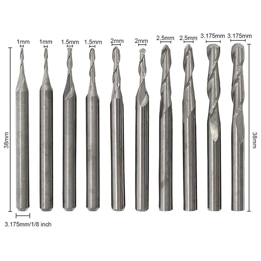 10Pcs Ball Nose Twist End Mill Carbide End Mill Set Carbide Burrs Set for CNC Engraving, Milling, Roughing, Hollowing Shank Diameter 1mm 1.5mm 2.0mm 2.5mm 3.175mm
