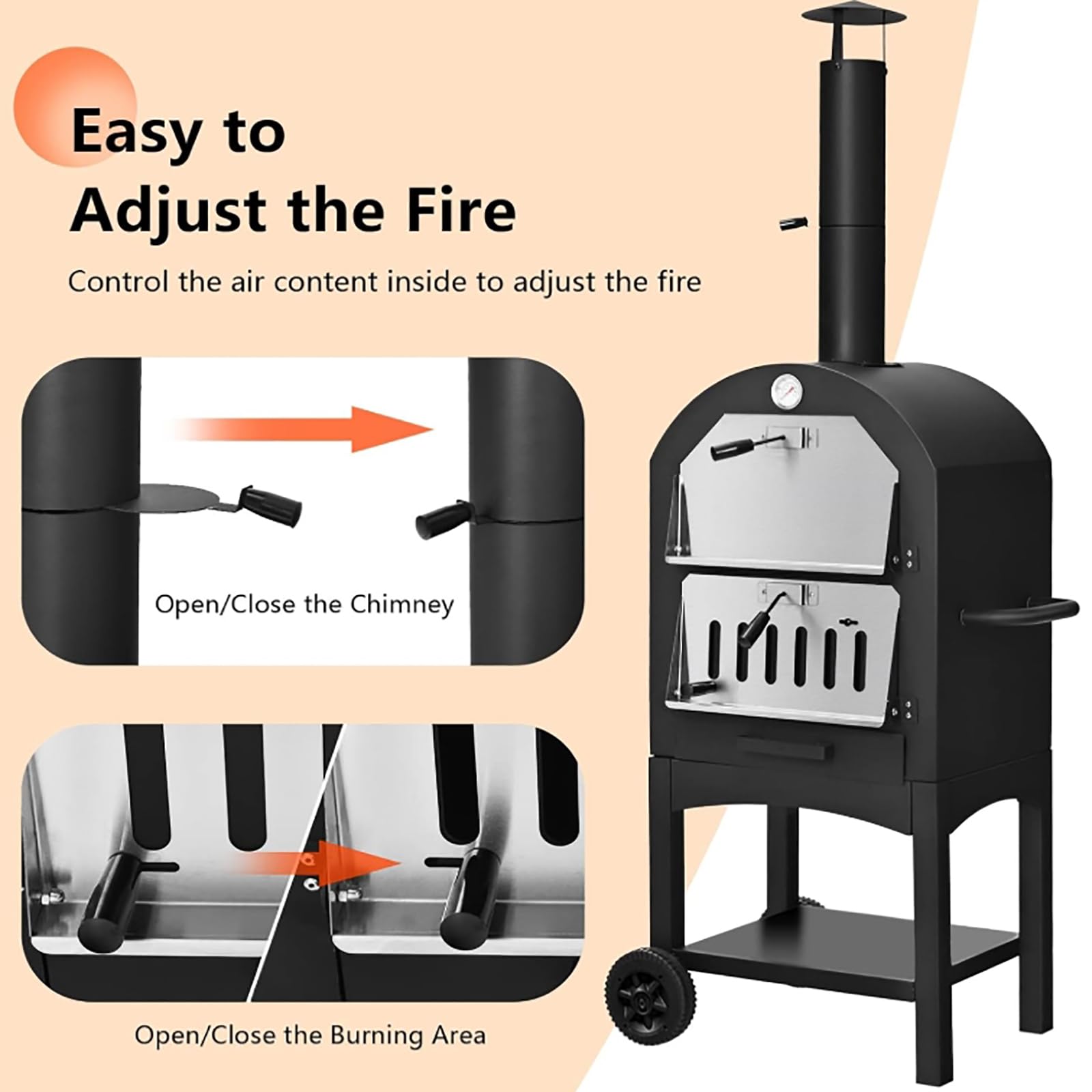 MObyat Forno per Pizza da Esterno, Forno per Pizza in Acciaio su Ruote, con Pietra refrattaria, Grill e griglia a Carbone, Ideale per Barbecue, Campeggio e Feste in Giardino